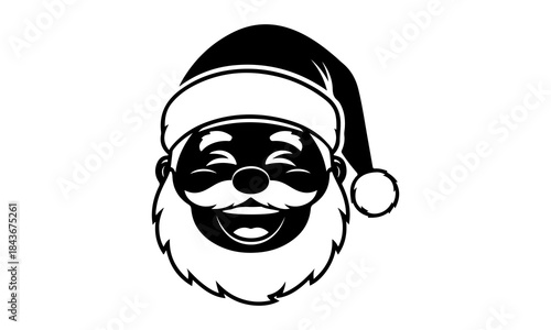 Funny santa emoji laughing, chubby face, exaggerated expression, minimalist black vector emoji icon, pure white background