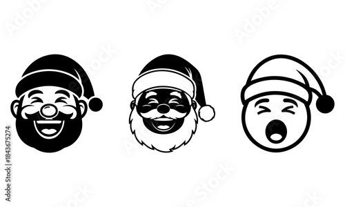 Funny santa emoji laughing, chubby face, exaggerated expression, minimalist black vector emoji icon, pure white background