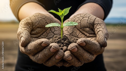 Hands Holding a Young Plant in Dry Soil Growth Environment Nature. Concept featuring hands, plant, growth, environment, nature.