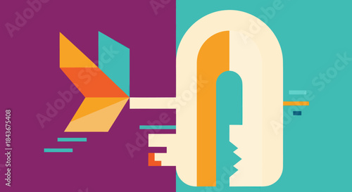 Abstract Geometric Illustration of a Person with Arrow and Key.