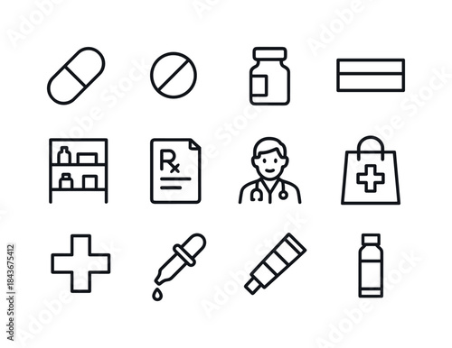Medicine Icons Grid. Medicine store. Line icon set of medicine s