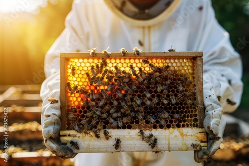 A beekeeper in a white protective suit holding a wooden honeycomb frame filled with golden honey and bees, sunlight shining through the amber honey texture