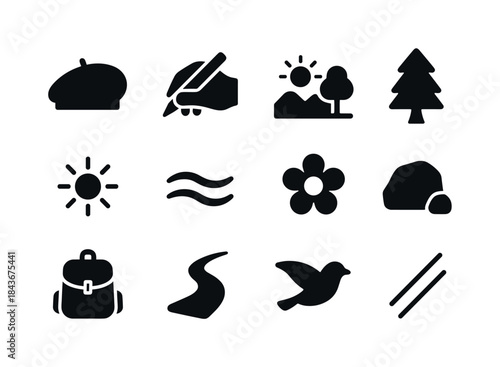 Nature Art Icons. Artists in nature. Solid icon set of artists i