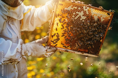A beekeeper in a white protective suit holding a wooden honeycomb frame filled with golden honey and bees, sunlight shining through the amber honey texture