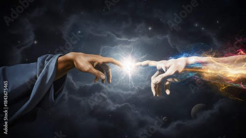 Divine Connection: Hands Reaching Out Creation Cosmic Artistic. Concept featuring creation, hands, cosmic, connection, divine.