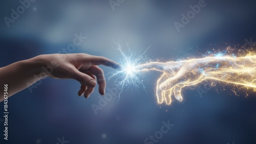 Divine Connection: Human and Ethereal Hands Creation Spiritual Light. Concept featuring connection, hands, divine, creation, spiritual.