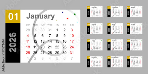 A set of 2026 vector calendar layout modern yellow and gray design horizontal format Monday start clean printable planner wall grid yearly overview each month minimal typography days organized by week
