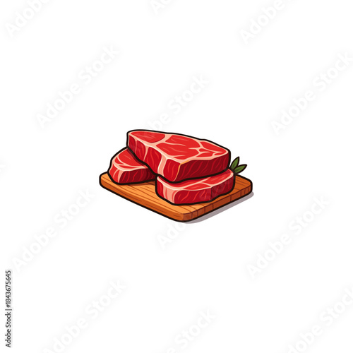 Raw Beef Steak on Wooden Cutting Board Icon flat vector design