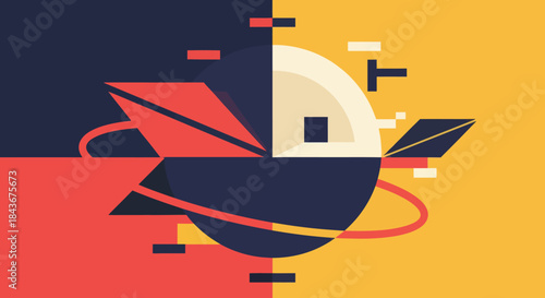 Abstract Geometric Planet Illustration with Rings and Angular Shapes.