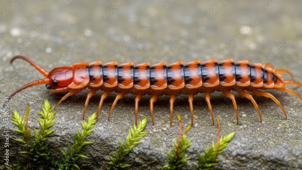 Fototapeta premium Close-up of a Colorful Millipede on Stone Insect Macro Photography Nature. Concept featuring millipede, insect, macro photography, nature, wildlife.