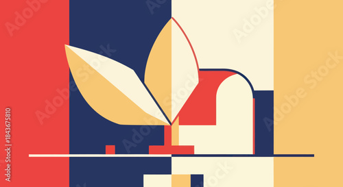 Abstract Geometric Plant Illustration with Bold Color Blocking.