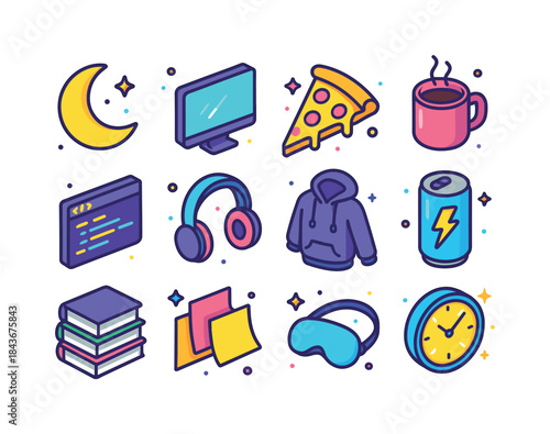 Late Night Dev Icons. Late Night Dev. Colorful isometric vector