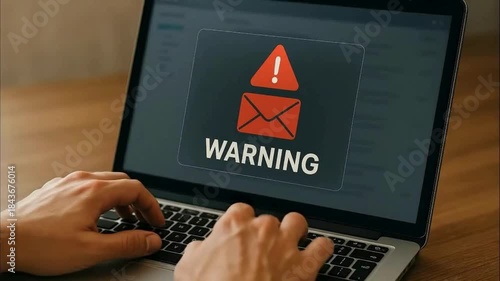 Laptop Screen Showing Red Warning Alert with Envelope Icon | Cybersecurity Threat Notification for Phishing or Malware Email | User Receiving Critical Security Warning on Digital Device

