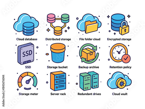 Colorful Data Icons. Data storage. Colorful isometric vector ico