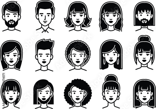 Diverse Minimalist Line Art Portraits Showcasing Various Human Faces and Hairstyles