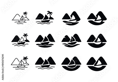 Island Tour Icons. Island Hopping Boat Tours. Icon set. Set Logo