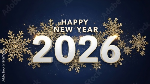Happy new year 2026 with elegant golden snowflakes on a celebratory dark blue background