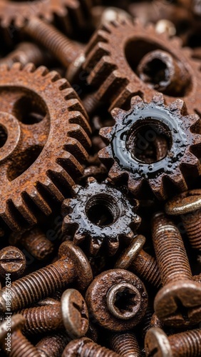 Rusty Gears and Screws Close-Up Metal Mechanical Industrial. Concept featuring rusty, gears, screws, metal, mechanical.