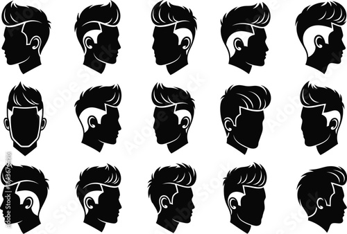 Various stylish male haircuts showcasing modern undercuts and popular pompadour styles