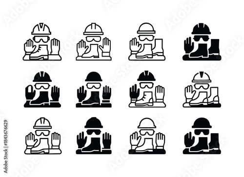 PPE Gear Logos. PPE gear laid out on table. Icon set. Set Logo o