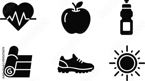 Cultivate a healthy and energetic lifestyle with these fundamental health and fitness icons, illustrating heart health, nutritional choices, hydration, and active pursuits