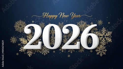 Happy new year 2026 with elegant golden snowflakes and sparkling accents on a deep blue background