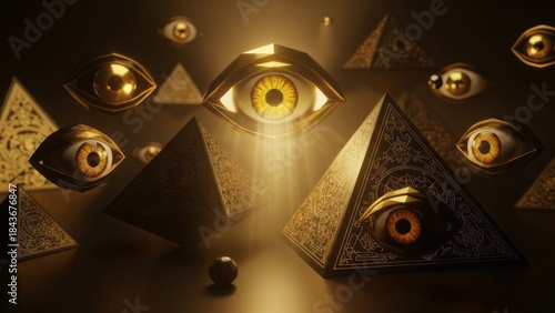 Fototapeta Naklejka Na Ścianę i Meble -  Mystical Pyramids with Eyes Surreal Gold Abstract. Concept featuring pyramids, eyes, mystical, surreal, gold.