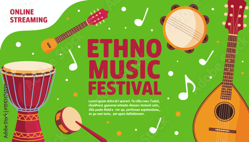 A vibrant illustration showcases various musical instruments including drums, guitars, and tambourines, reflecting the joy and diversity of an ethno music festival atmosphere.