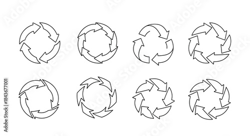 Hand-sketched set of circle arrow icons in various configurations, useful for illustrating cyclic processes, workflows, and infographics.