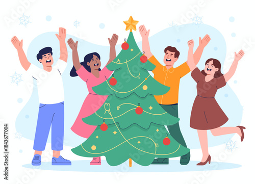 A lively group of friends joyfully celebrating Christmas around a beautifully decorated tree, encapsulating the spirit of togetherness, happiness, and festive cheer.