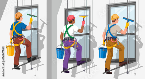 A trio of dedicated window cleaners diligently working on a high-rise building, illustrating the importance of safety, teamwork, and professionalism in the cleaning industry.
