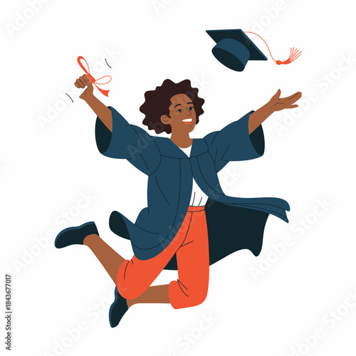 A jubilant graduate in cap and gown joyfully celebrating their achievement by throwing their diploma in the air, symbolizing success and new beginnings.