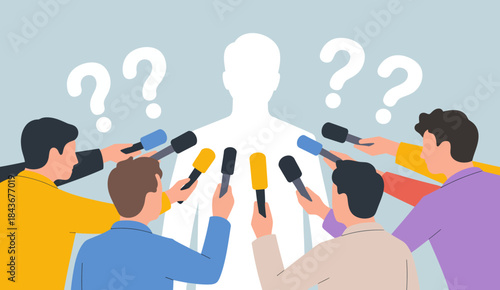 A group of journalists holding microphones directs questions toward a faceless person, representing the essence of inquiry and the power of media in society today.
