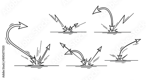 Dynamic collection of hand-drawn bouncing arrows showing impact, rebound, and resilience, sketched in a comic doodle vector style.