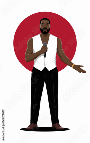 A charismatic performer stands confidently on stage with a microphone, engaging the audience with his lively presence and commanding performance style.