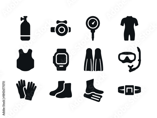 Scuba Gear Icons. Scuba Equipment. Solid icon set of Scuba Equip