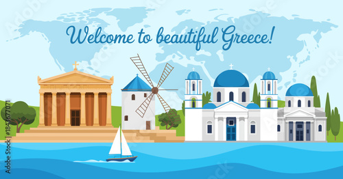 An inviting illustration of Greece's iconic landmarks, including a sailboat near the coastline, capturing the essence of travel and exploration in a picturesque setting.