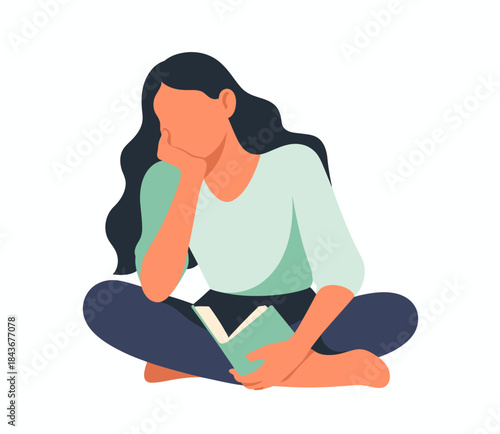 A young woman sits thoughtfully with a book in her hands, reflecting on the enjoyment of reading. This image represents introspection and the joy of literary escapism.