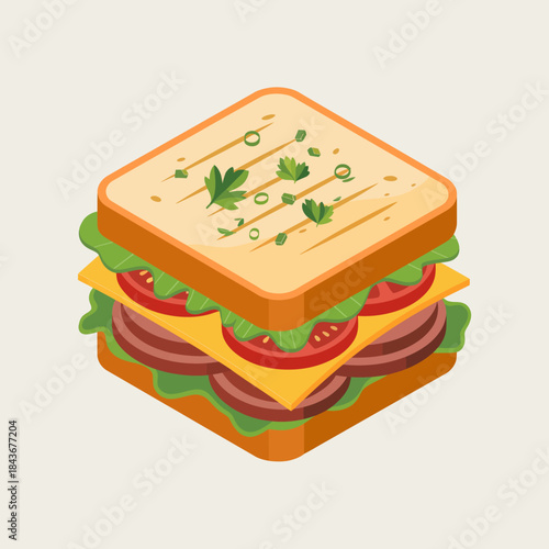 An appealing stacked sandwich filled with layers of fresh vegetables and meat, representing the joy of hearty meals and the comfort of satisfying appetites through wholesome ingredients.