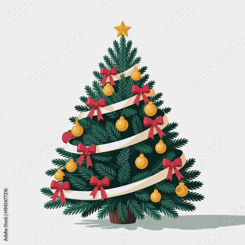 A beautifully decorated Christmas tree adorned with vibrant ornaments, ribbons, and a star on top, capturing the joy and spirit of the holiday season.