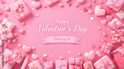 Valentine's Day background with pink gifts and heart decorations