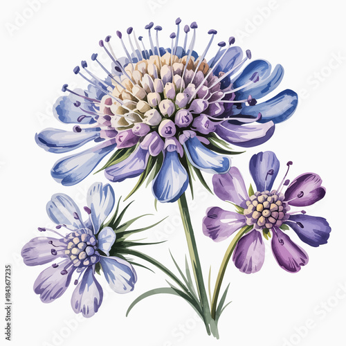 This exquisite floral illustration showcases a stunning arrangement of blue and purple flowers, embodying beauty, growth, and the delicate nature of flowers in art.
