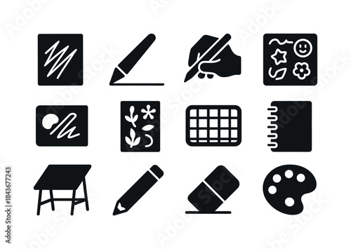 Art Supplies Icons. Art session. Solid icon set of art session: