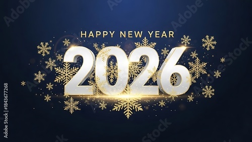 Happy new year 2026 celebration with sparkling golden snowflakes on a dark blue background