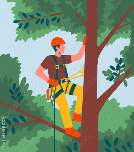 A tree climber equipped with safety gear ascends a tree, showcasing the importance of arborist work. This image illustrates dedication to tree care and outdoor adventure.