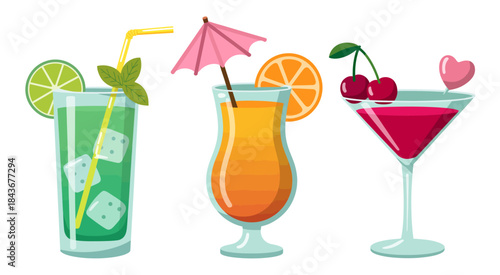 Three colorful tropical cocktails, complete with garnishes, represent fun, relaxation, and enjoyment, enhancing any celebration or beach party experience.