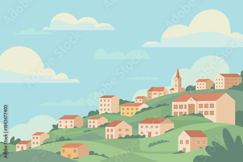A picturesque hilltop village is depicted with charming houses nestled among green hills, creating a serene and idyllic countryside atmosphere under a blue sky.