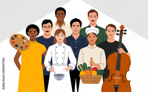 A diverse group of individuals is showcasing their unique talents and skills, representing creativity, culture, and togetherness in a modern, artistic depiction of unity.