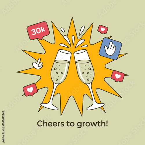 An illustration of two glasses clinking together, celebrating growth in social media engagement, symbolizing achievement and delightful moments in the digital age.