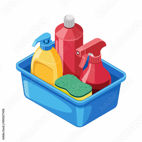 A vibrant collection of cleaning supplies including bottles and a sponge is arranged neatly in a blue tray, symbolizing cleanliness and organization for effective cleaning tasks.